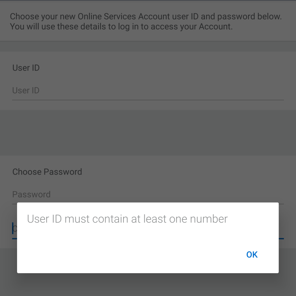 Error message from AMEX signup on Android App