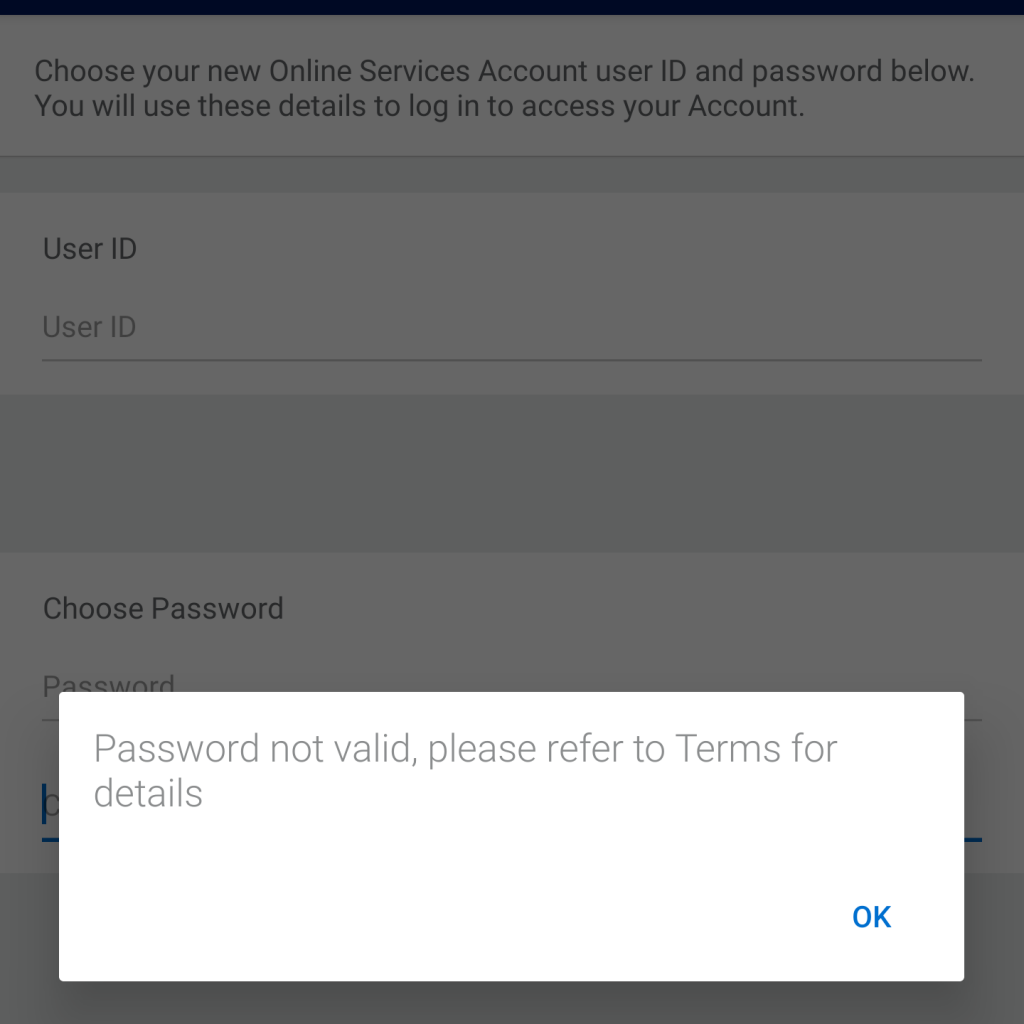 Password not valid, refer to Terms for details