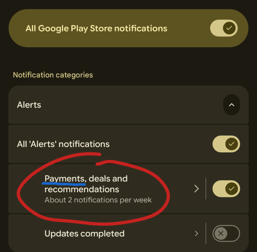 Skærmbillede af notifikationsindstillingerne i Google Play Store. Hvis man gerne vil have notifikationer om betalinger foretaget på Google Play Store skal man også sige ja til markedsførings- og tilbudsnotifikationer.